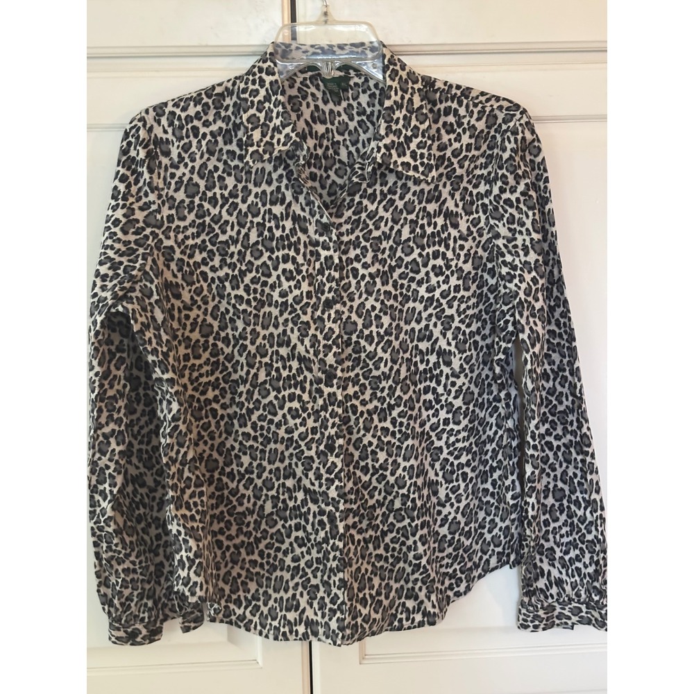 Lauren Ralph Lauren Petite Cotton Leopard Print Button Down Shirt Grey Black PL